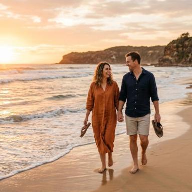 Couple walking along an Australian beach at sunset representing casual dating in Australia